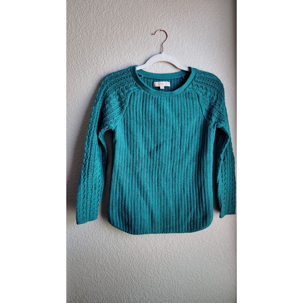 Ann Taylor LOFT Teal Cable Knit Sweater Women's M Wool Blend Openwork